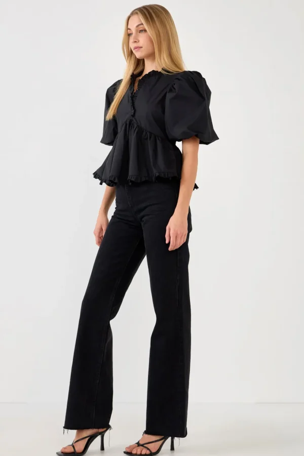 ENDLESS ROSE Tops*- V Neck Puff Sleeve Peplum Top