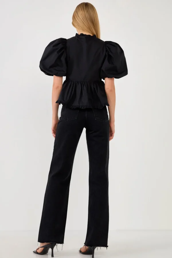 ENDLESS ROSE Tops*- V Neck Puff Sleeve Peplum Top