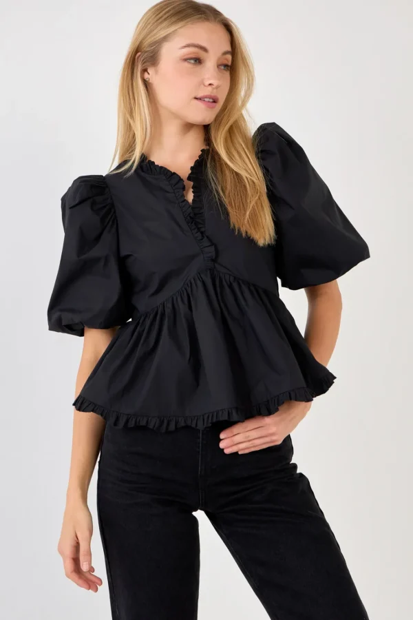 ENDLESS ROSE Tops*- V Neck Puff Sleeve Peplum Top