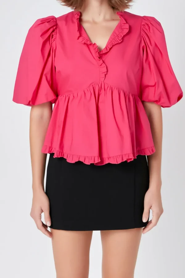 ENDLESS ROSE Tops*- V Neck Puff Sleeve Peplum Top