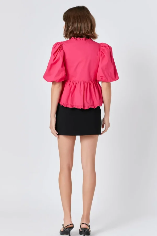 ENDLESS ROSE Tops*- V Neck Puff Sleeve Peplum Top