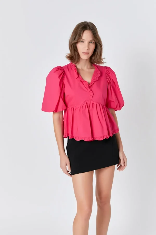 ENDLESS ROSE Tops*- V Neck Puff Sleeve Peplum Top
