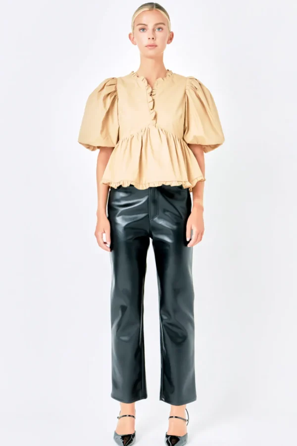 ENDLESS ROSE Tops*- V Neck Puff Sleeve Peplum Top