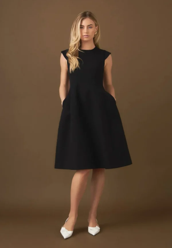 ENDLESS ROSE Tops*- Voluminous Cap Sleeve Midi Dress BLACK