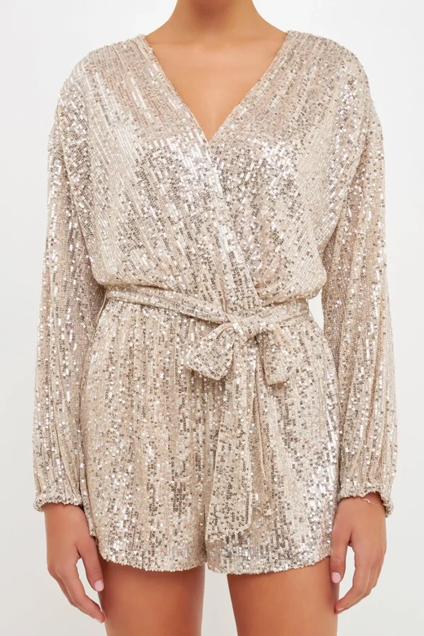 ENDLESS ROSE Tops*- Wrap Belted Sequins Romper IVORY