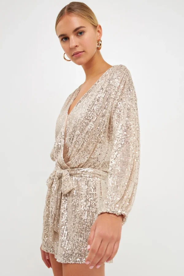 ENDLESS ROSE Tops*- Wrap Belted Sequins Romper IVORY