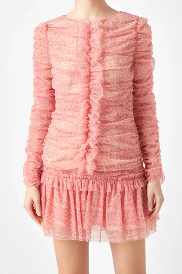 ENDLESS ROSE Tops*-Floral Tulle Long Sleeve Top REDMULTI
