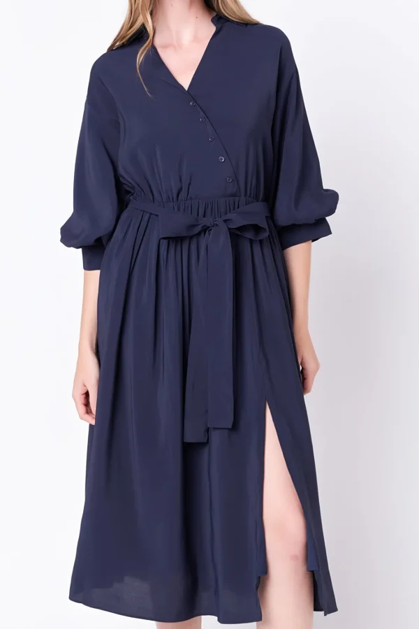 ENGLISH FACTORY Tops*- Angled Buttoned Wrap Midi Dress NAVY