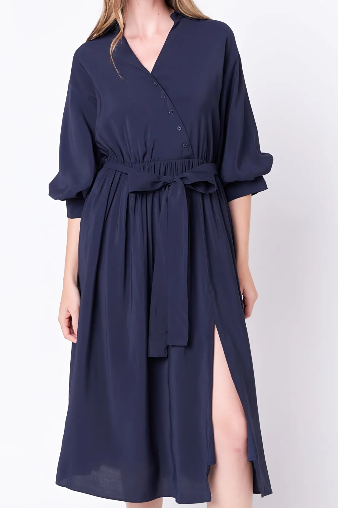 english_factory__angled_b_0.webp ENGLISH FACTORY Tops*- Angled Buttoned Wrap Midi Dress NAVY