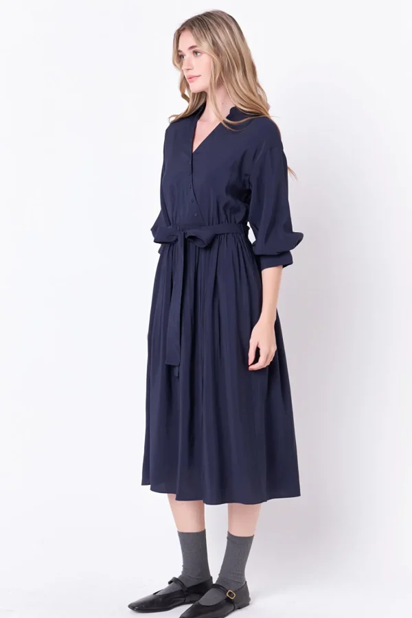 ENGLISH FACTORY Tops*- Angled Buttoned Wrap Midi Dress NAVY