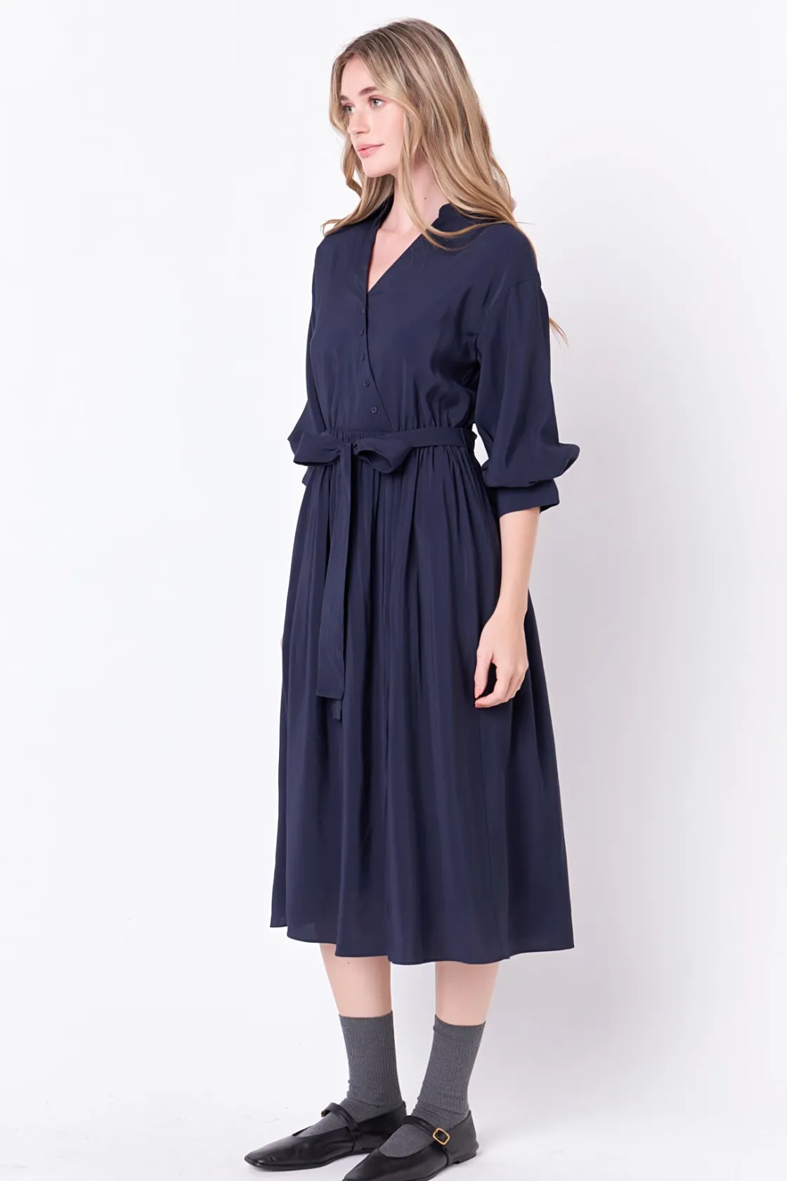 english_factory__angled_b_1.webp ENGLISH FACTORY Tops*- Angled Buttoned Wrap Midi Dress NAVY