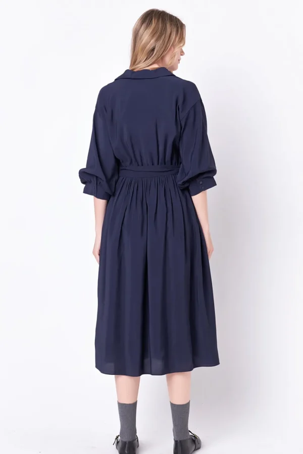 ENGLISH FACTORY Tops*- Angled Buttoned Wrap Midi Dress NAVY
