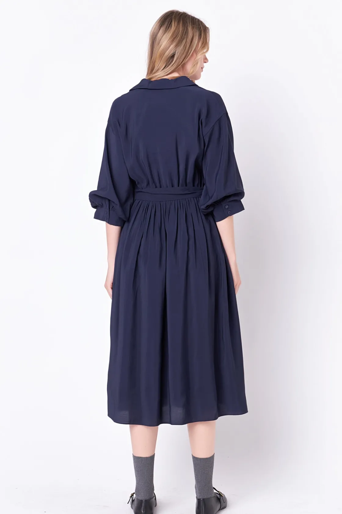 english_factory__angled_b_2.webp ENGLISH FACTORY Tops*- Angled Buttoned Wrap Midi Dress NAVY