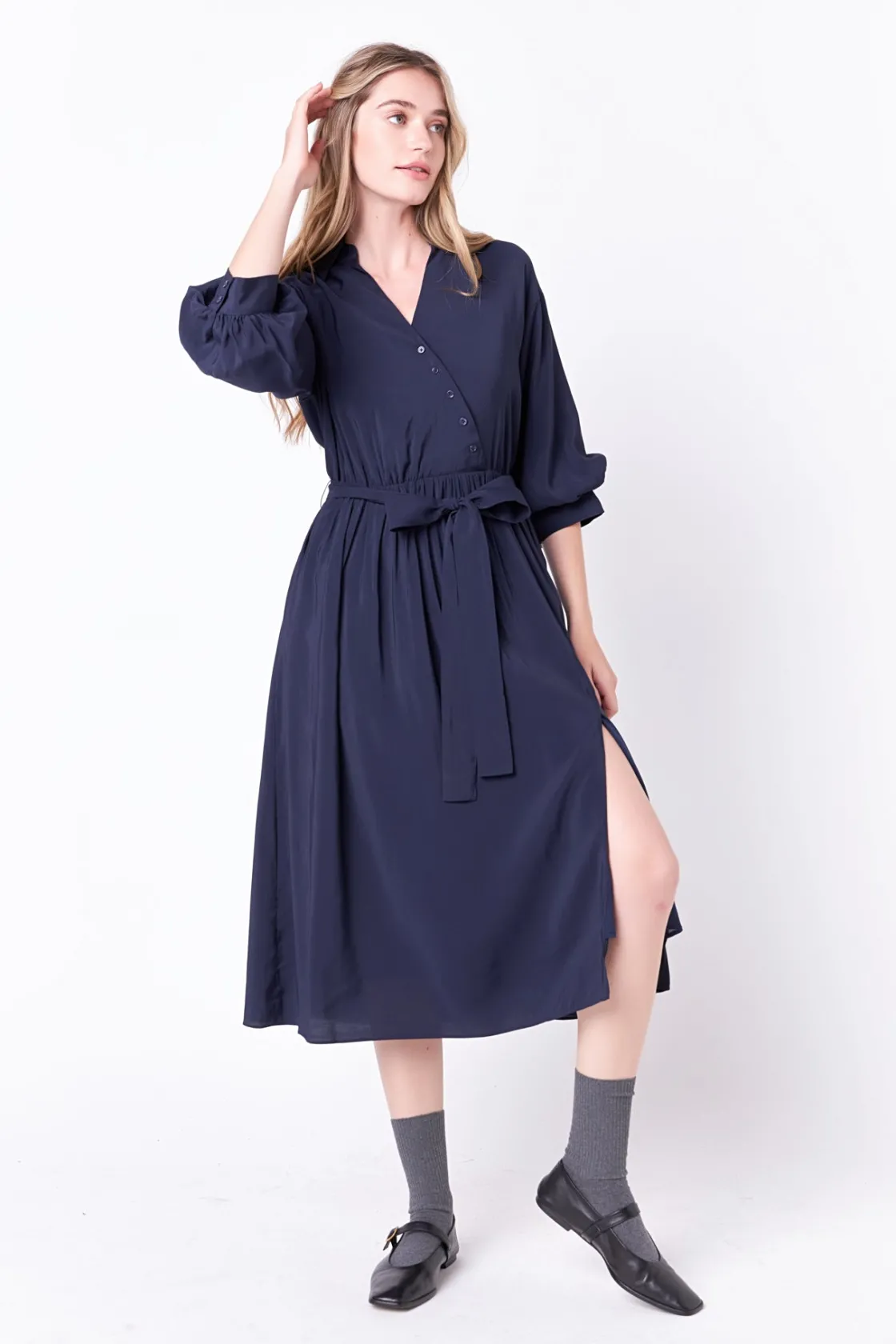 english_factory__angled_b_3.webp ENGLISH FACTORY Tops*- Angled Buttoned Wrap Midi Dress NAVY