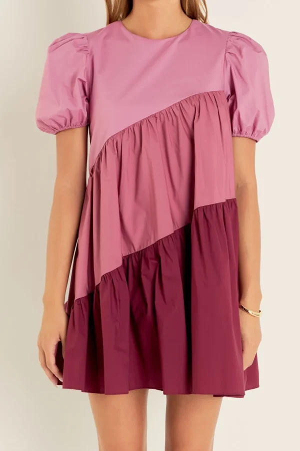 ENGLISH FACTORY Tops*- Asymmetrical Colorblock Puff Sleeve Dress
