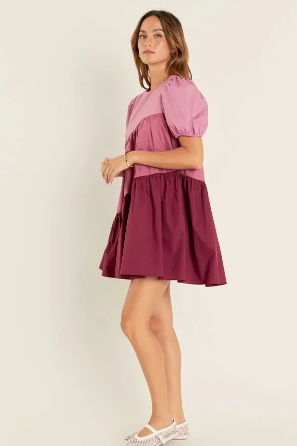 ENGLISH FACTORY Tops*- Asymmetrical Colorblock Puff Sleeve Dress