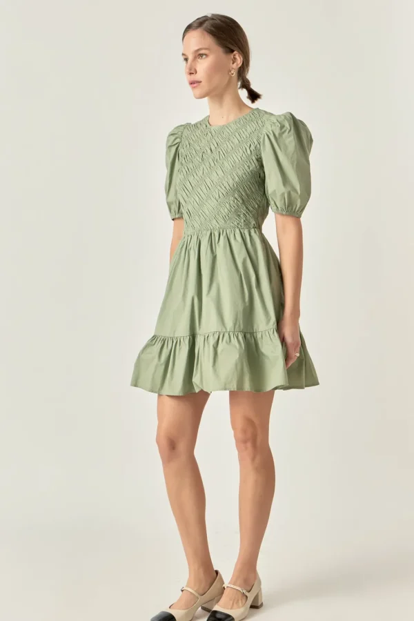 ENGLISH FACTORY Tops*- Asymmetrical Smocked Mini Dress SAGE