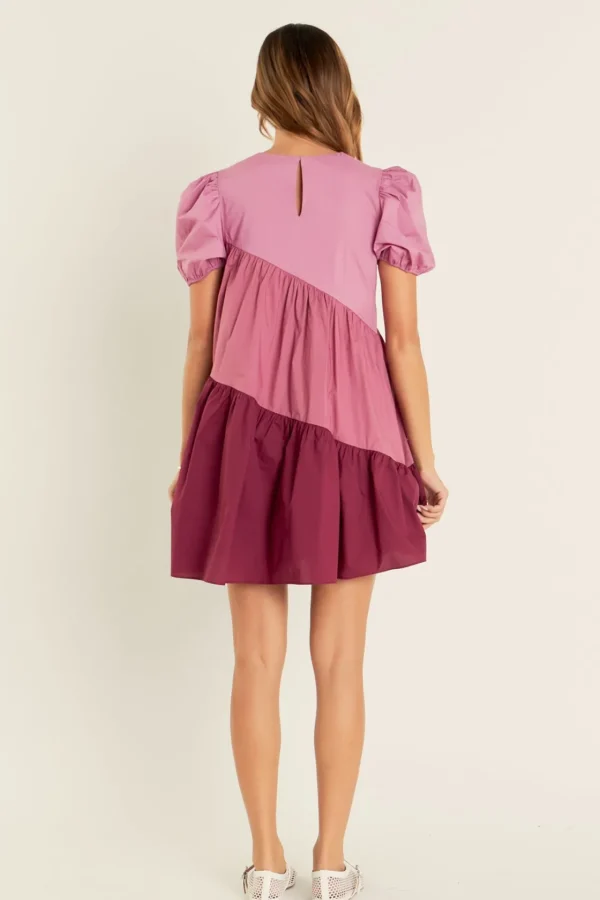 ENGLISH FACTORY Tops*- Asymmetrical Colorblock Puff Sleeve Dress