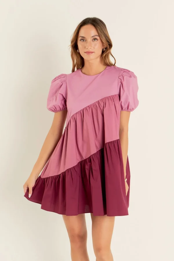 ENGLISH FACTORY Tops*- Asymmetrical Colorblock Puff Sleeve Dress