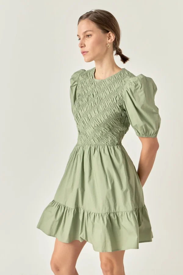 ENGLISH FACTORY Tops*- Asymmetrical Smocked Mini Dress SAGE