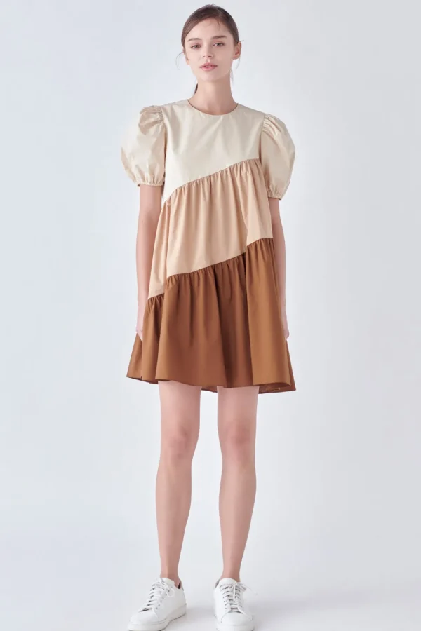 ENGLISH FACTORY Tops*- Asymmetrical Colorblock Puff Sleeve Dress
