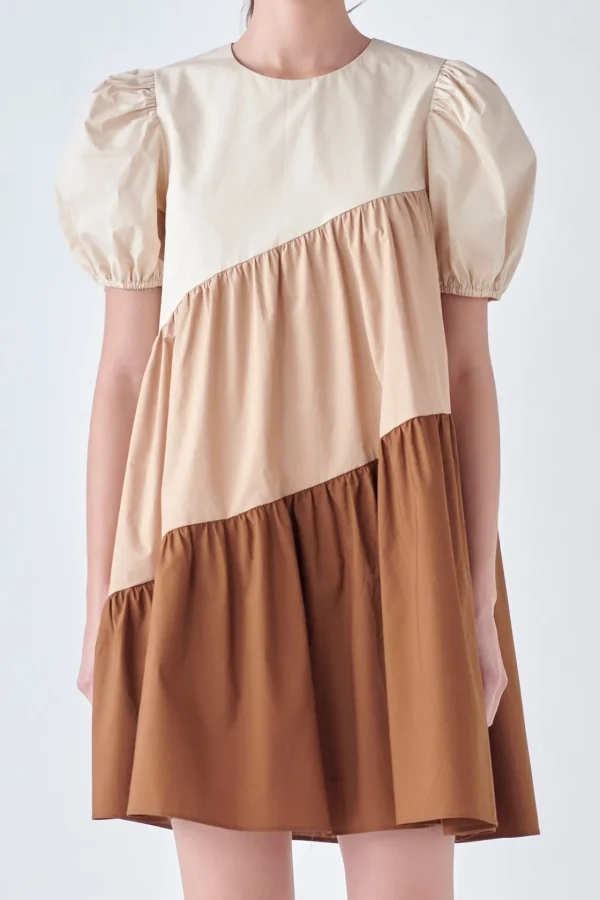ENGLISH FACTORY Tops*- Asymmetrical Colorblock Puff Sleeve Dress