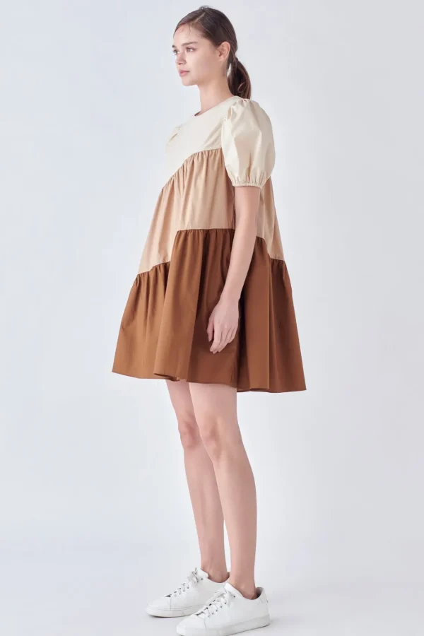 ENGLISH FACTORY Tops*- Asymmetrical Colorblock Puff Sleeve Dress