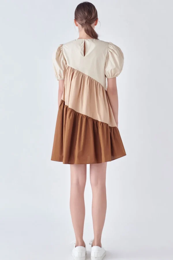 ENGLISH FACTORY Tops*- Asymmetrical Colorblock Puff Sleeve Dress