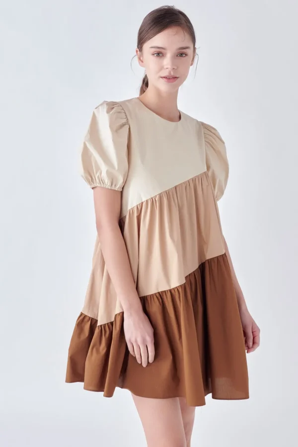 ENGLISH FACTORY Tops*- Asymmetrical Colorblock Puff Sleeve Dress