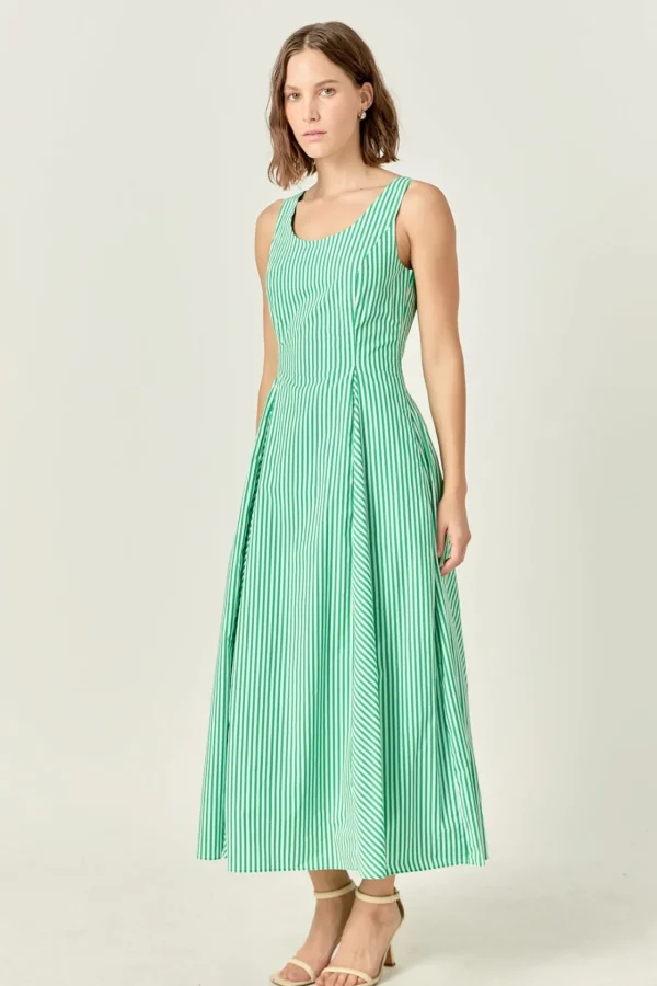 ENGLISH FACTORY Tops*- Aubrey Godet Midi Dress GREEN/WHITE