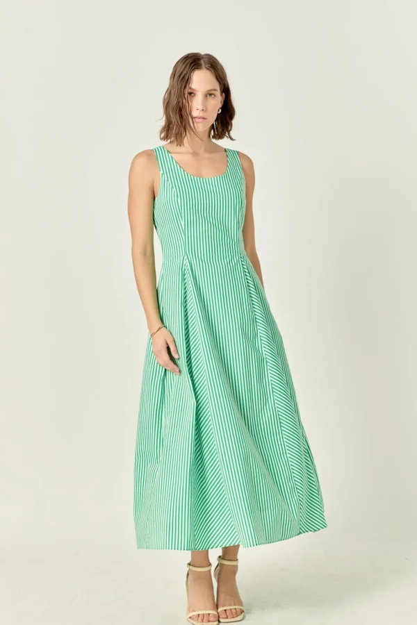 ENGLISH FACTORY Tops*- Aubrey Godet Midi Dress GREEN/WHITE