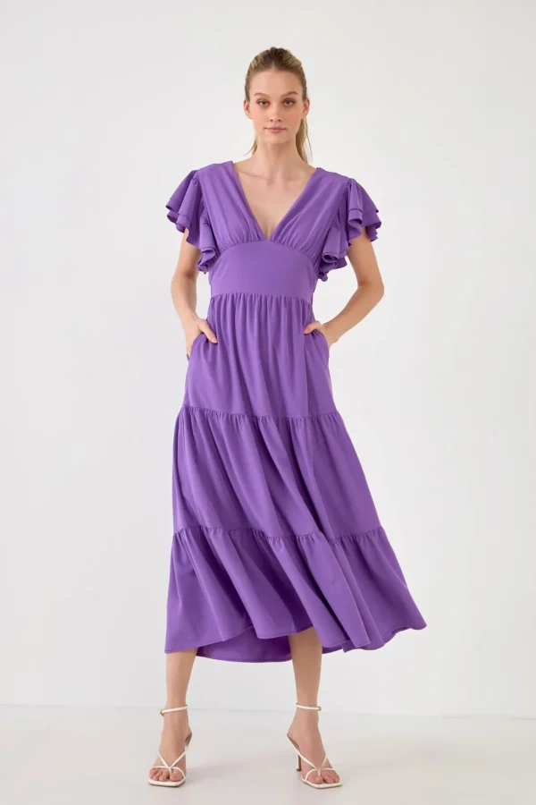 ENGLISH FACTORY Tops*- Back Cut-out with Elastic Detail Midi Dress PURPLE