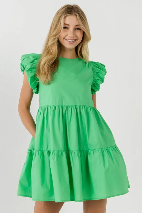 ENGLISH FACTORY Tops*- Balloon Sleeve Mini Dress GREEN