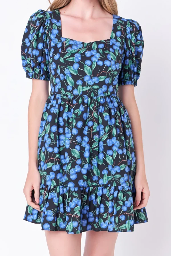 ENGLISH FACTORY Tops*- Blueberry Print Mini Dress with Puff Sleeves BLACK