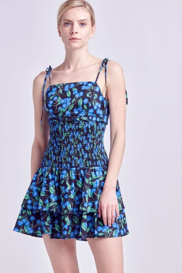 ENGLISH FACTORY Tops*- Blueberry Print Mini Dress BLACK