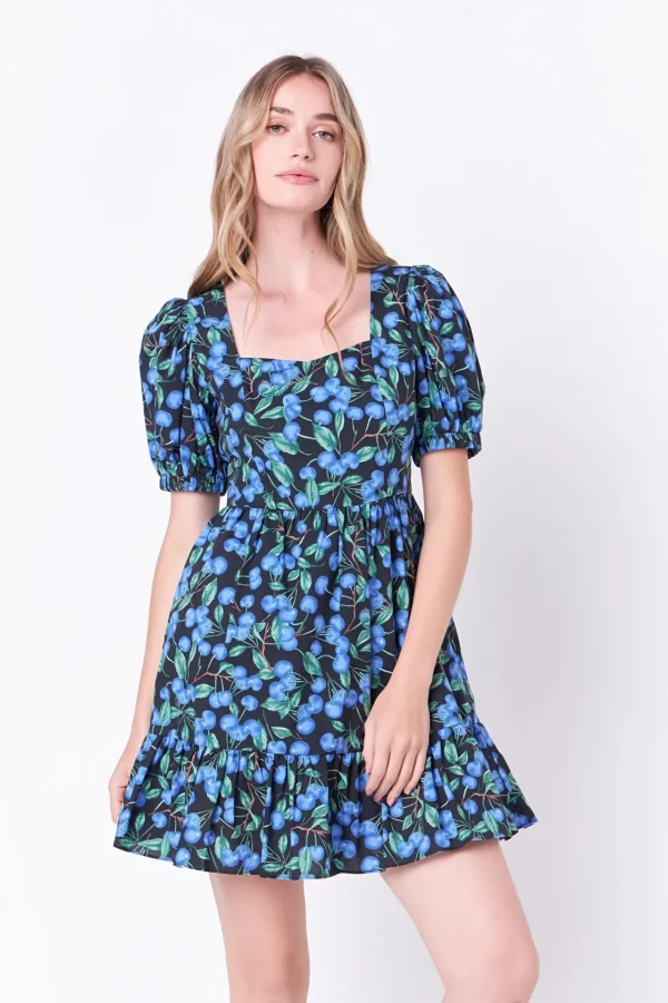 ENGLISH FACTORY Tops*- Blueberry Print Mini Dress with Puff Sleeves BLACK