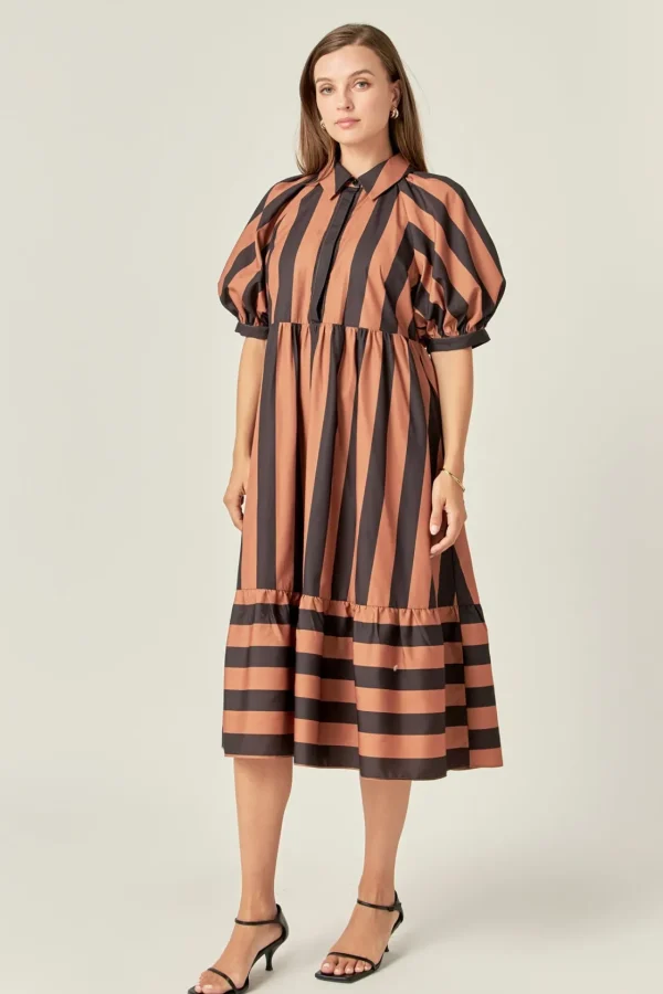 ENGLISH FACTORY Tops*- Bold Stripe Dress CAMEL/BLACK