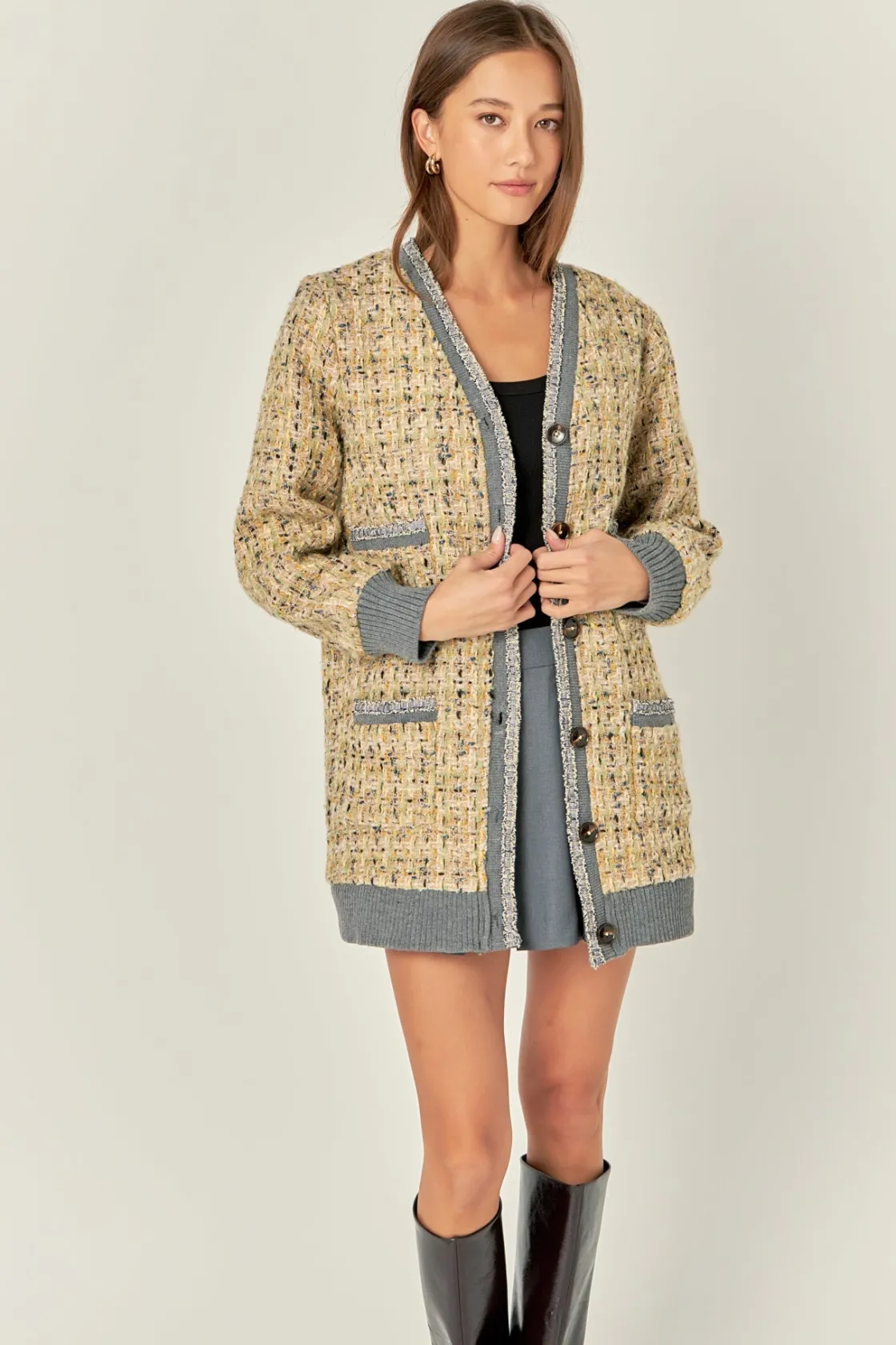 english_factory__boucle_c_3.webp ENGLISH FACTORY Tops*- Boucle Coat With Trim BEIGE/DARKGREY