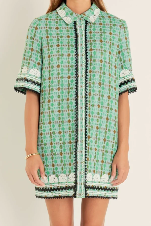 ENGLISH FACTORY Tops*- Boucle Mini Shirt Dress With Ric Rac Trim MINT