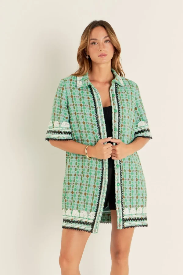 ENGLISH FACTORY Tops*- Boucle Mini Shirt Dress With Ric Rac Trim MINT