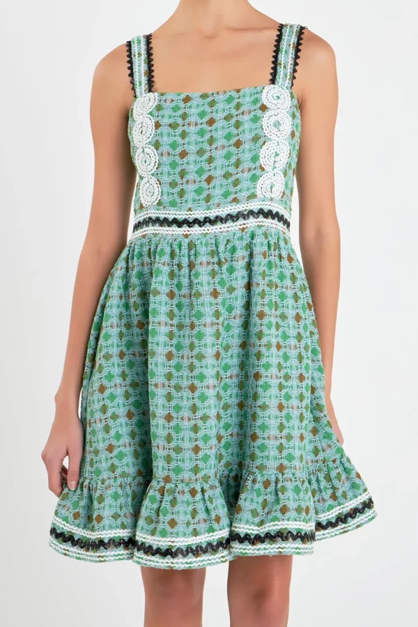 ENGLISH FACTORY Tops*- Boucle Square Neck Mini Dress With Ric Rac Trim MINT