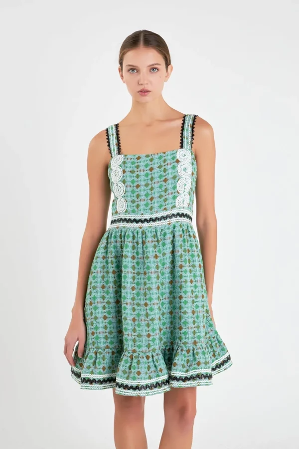 ENGLISH FACTORY Tops*- Boucle Square Neck Mini Dress With Ric Rac Trim MINT
