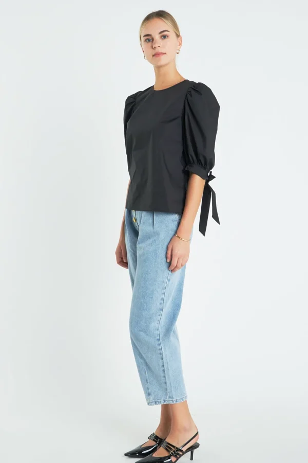 ENGLISH FACTORY Tops*- Bow Banded Puff Sleeve Blouse