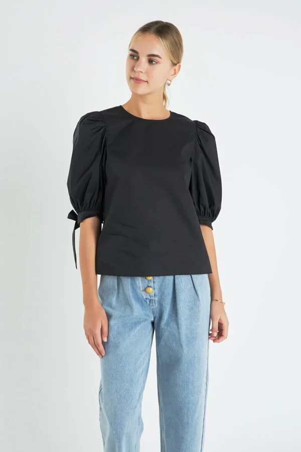 ENGLISH FACTORY Tops*- Bow Banded Puff Sleeve Blouse