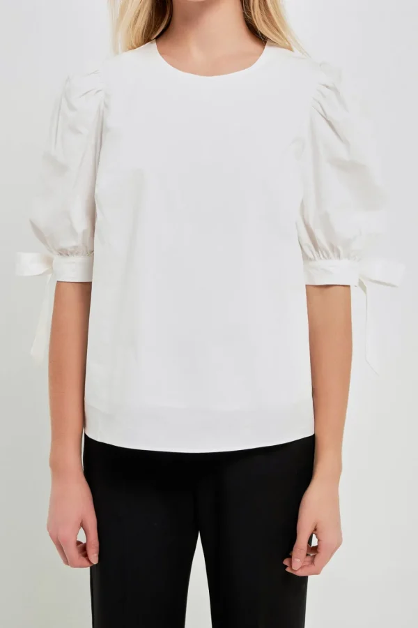 ENGLISH FACTORY Tops*- Bow Banded Puff Sleeve Blouse