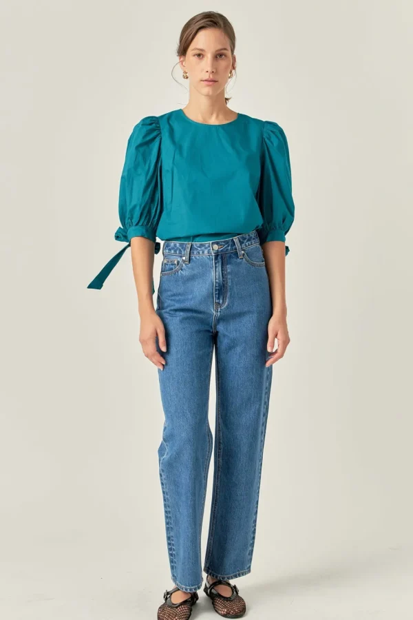 ENGLISH FACTORY Tops*- Bow Banded Puff Sleeve Blouse