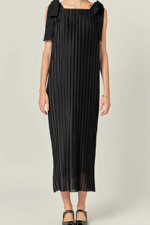 ENGLISH FACTORY Tops*- Bow Detailed Pleated Maxi Dress BLACK