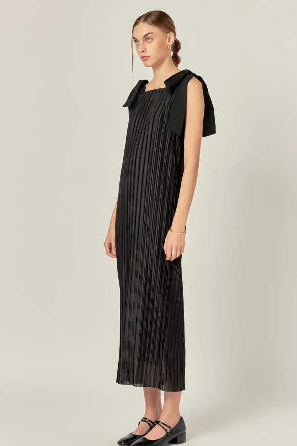 ENGLISH FACTORY Tops*- Bow Detailed Pleated Maxi Dress BLACK