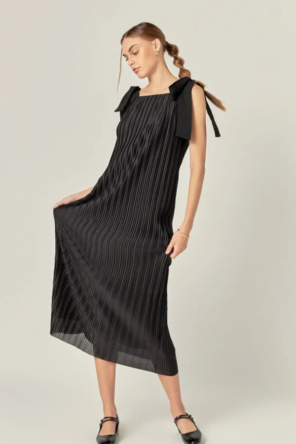 ENGLISH FACTORY Tops*- Bow Detailed Pleated Maxi Dress BLACK