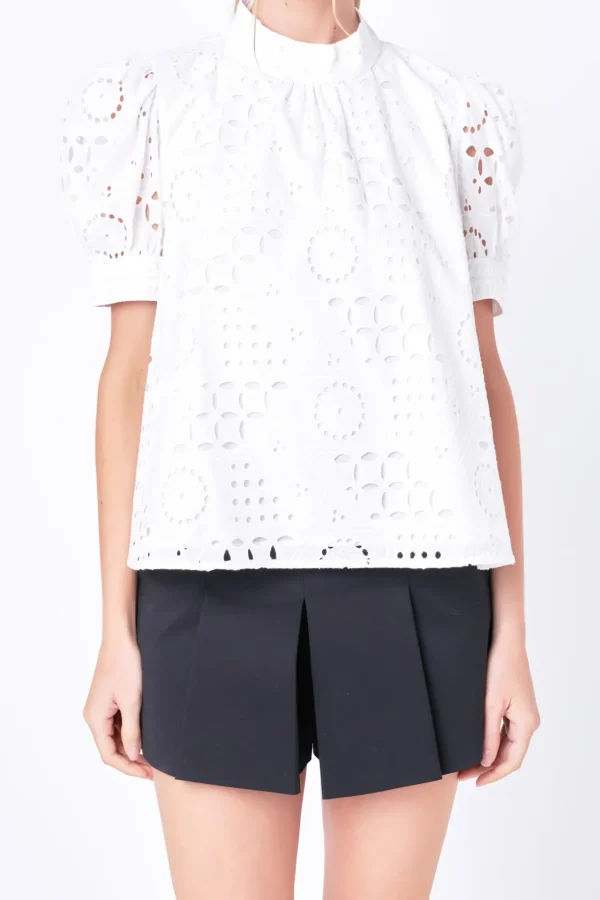 ENGLISH FACTORY Tops*- Broderie Anglaise Puff Sleeve Top WHITE
